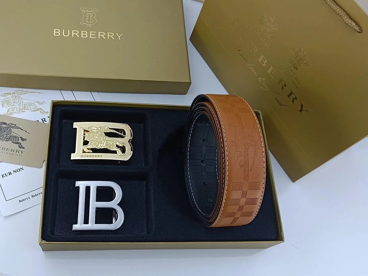 Burberry Horseferry Check Leather Belt with Interchangeable Buckles Tan Belts - 17