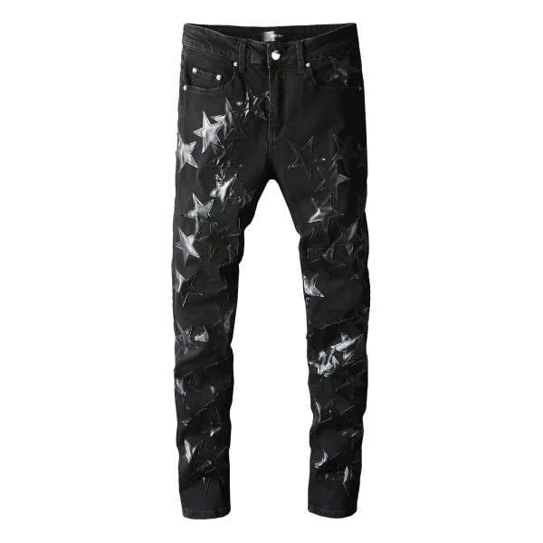 Distressed Printed Patchwork Black Jeans - 26
