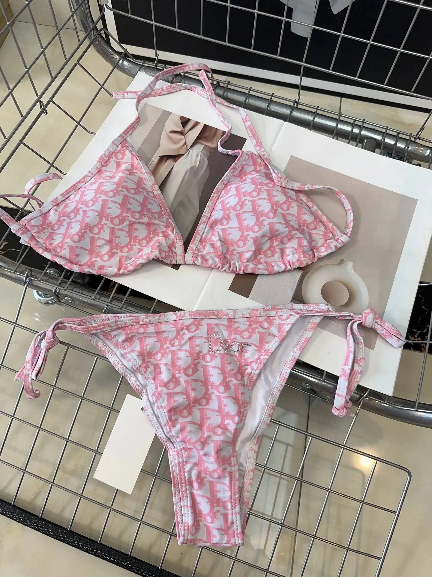 Dior Toile de Jouy Tiger Print Swimsuit Pink White - 17