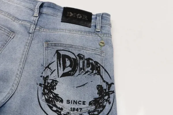 Dior Oblique Print Waistband Slim Fit Light Wash Jeans - 8