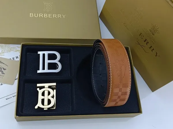 Burberry TB Monogram Leather Belt with Interchangeable Buckles Tan - 20