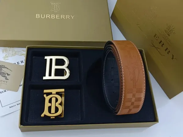 Burberry TB Monogram Leather Belt with Interchangeable Buckles Tan - 25