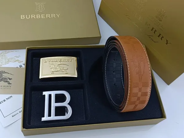 Burberry Classic Check Leather Belt with Interchangeable Buckles Tan Leather Belt - 11