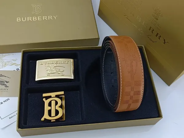 Burberry Classic Check Leather Belt with Interchangeable Buckles Tan Leather Belt - 13