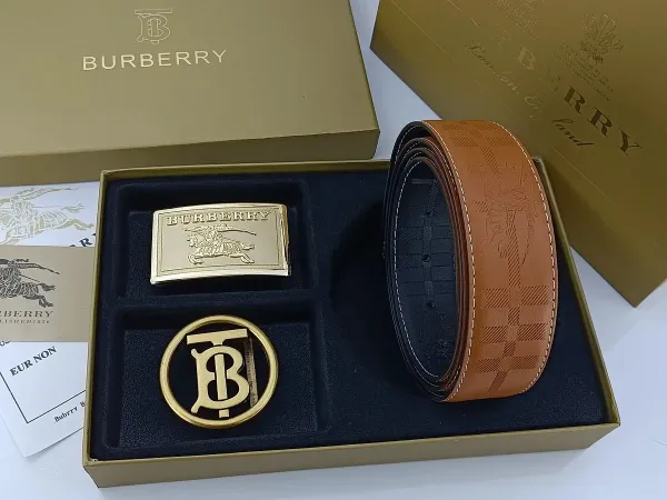 Burberry Classic Check Leather Belt with Interchangeable Buckles Tan Leather Belt - 16
