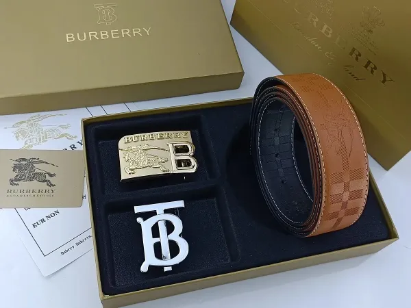Burberry Classic Check Leather Belt with Interchangeable Buckles Tan Leather Belt - 30