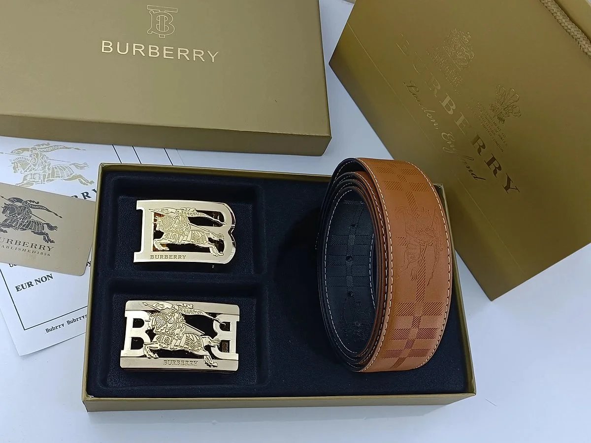 Burberry Horseferry Check Leather Belt with Interchangeable Buckles Tan Belts - 12