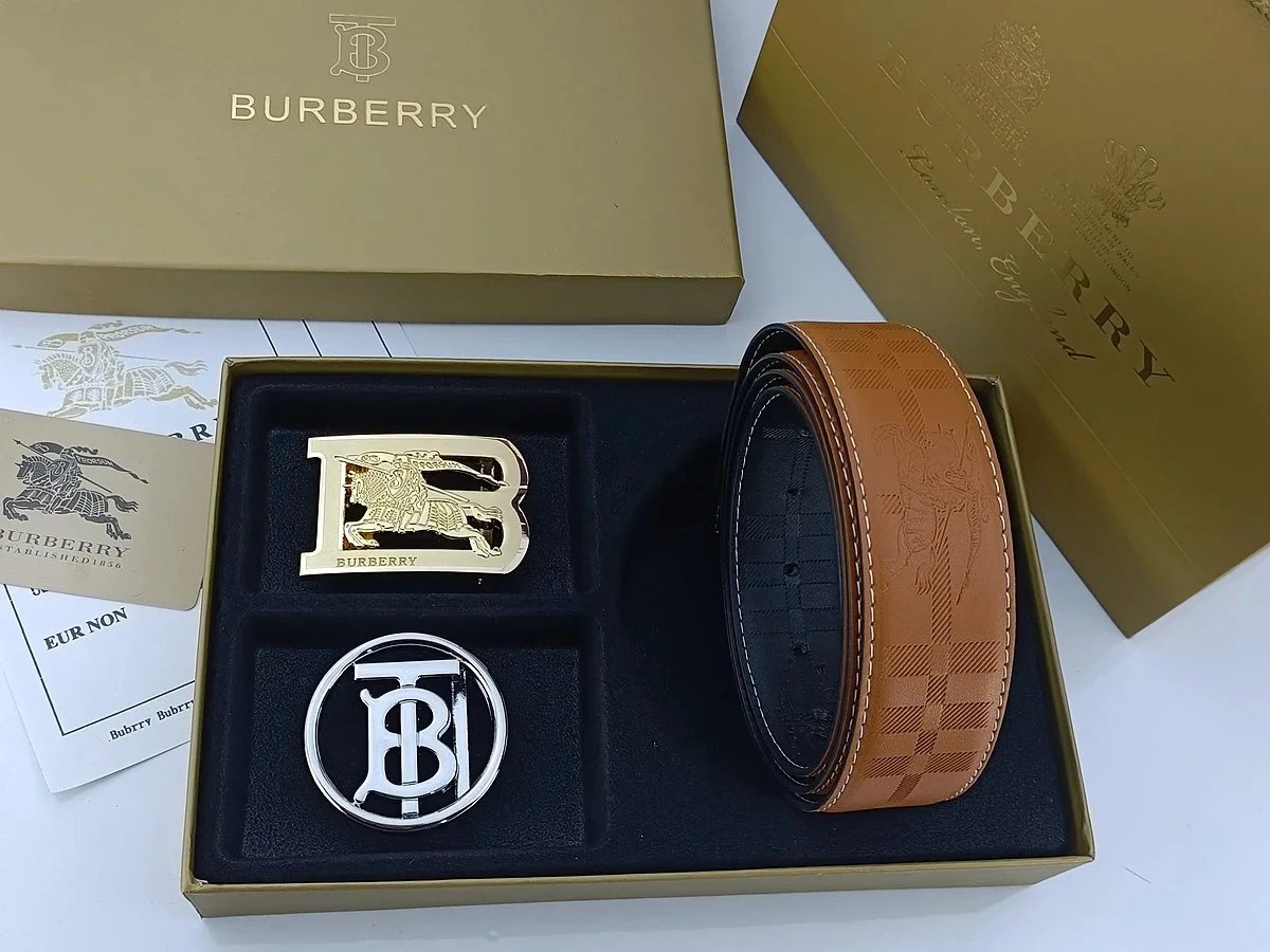 Burberry Horseferry Check Leather Belt with Interchangeable Buckles Tan Belts - 15