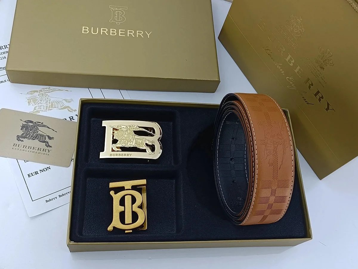 Burberry Horseferry Check Leather Belt with Interchangeable Buckles Tan Belts - 21