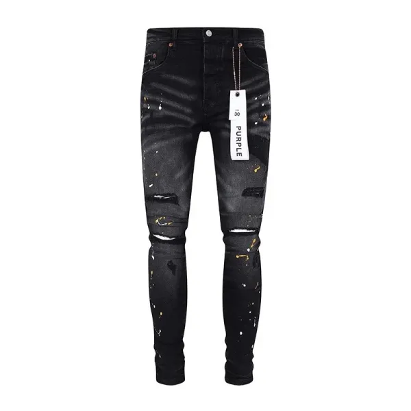 Purple x Unknown Artist Distressed Paint-Splatter Slim Fit Jeans - 21