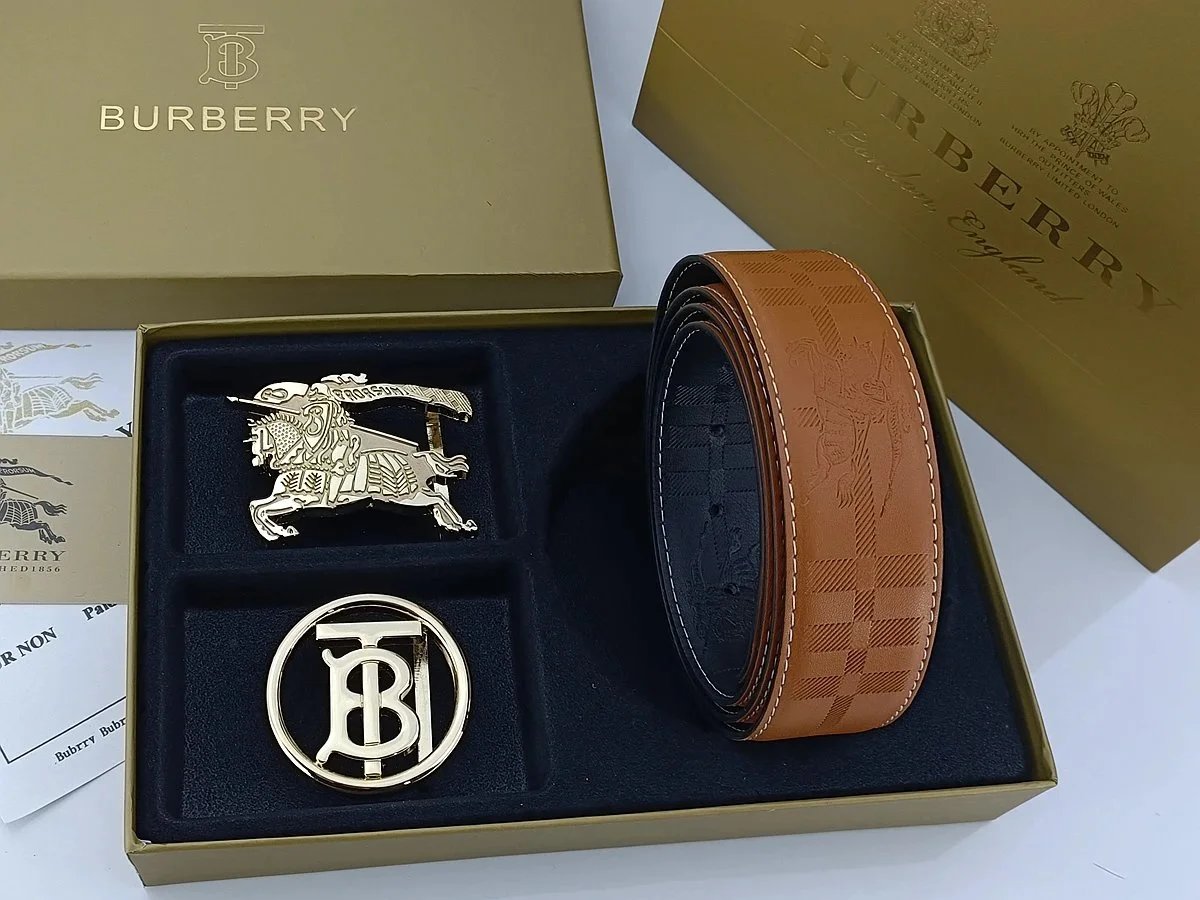 Burberry Equestrian Knight & Monogram B Buckle Leather Belt Tan - 10