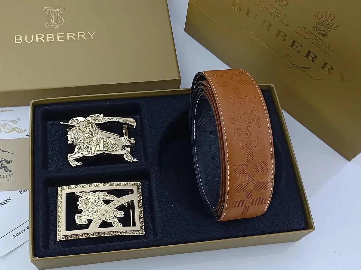 Burberry Equestrian Knight & Monogram B Buckle Leather Belt Tan - 18