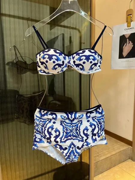 Versace Iconic Greca Pattern Blue Yellow Triangle Bikini Set - 12