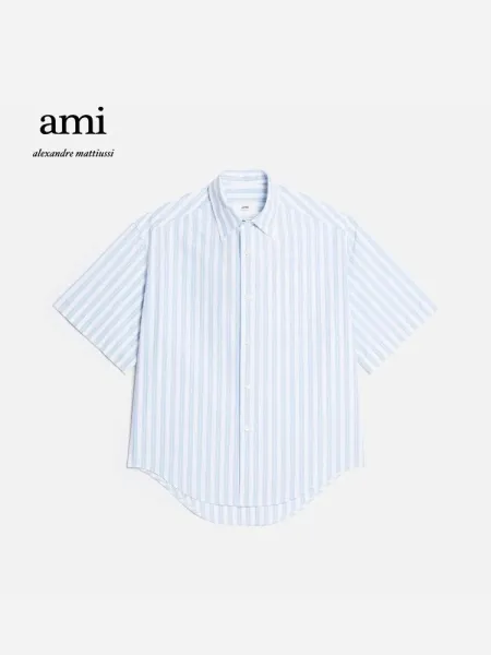 Ami Alexandre Mattiussi Short-Sleeve Stripe Shirt in Charcoal and Sky Blue - 14