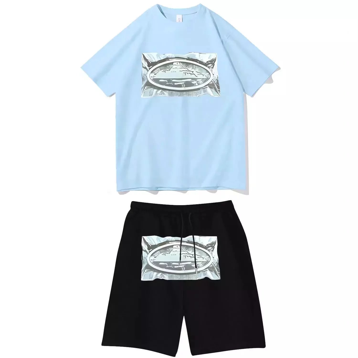 Off-White x Unknown Collaboration Crumpled Foil Oval Print T-Shirt and Shorts Set White/Black - 14