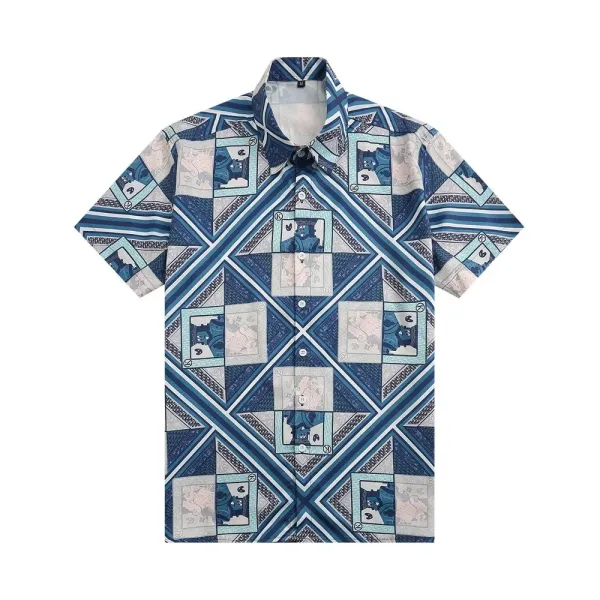 Design Chinese Guardian Lion Print Short-Sleeve Button-Up Shirt White - 22