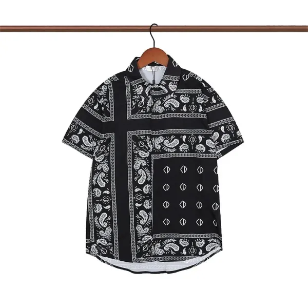 Design Chinese Guardian Lion Print Short-Sleeve Button-Up Shirt White - 24