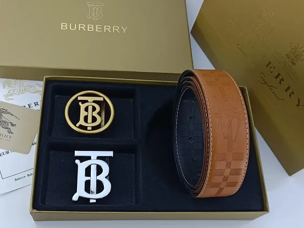 Burberry TB Monogram Leather Belt with Interchangeable Buckles Tan - 9