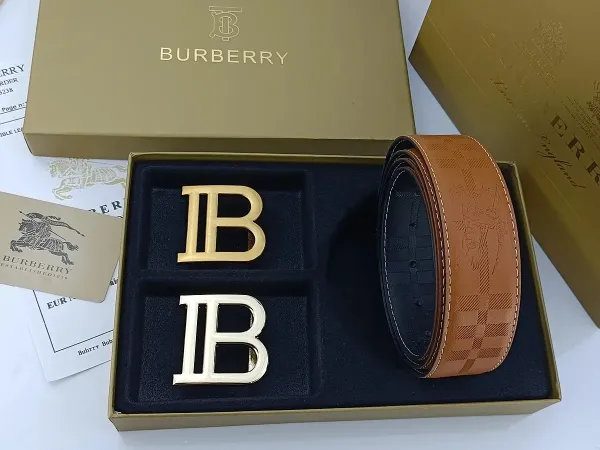 Burberry TB Monogram Leather Belt with Interchangeable Buckles Tan - 15
