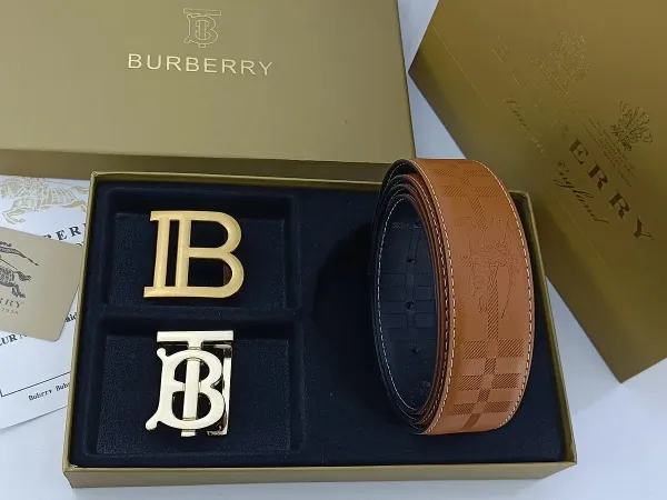 Burberry TB Monogram Leather Belt with Interchangeable Buckles Tan - 16