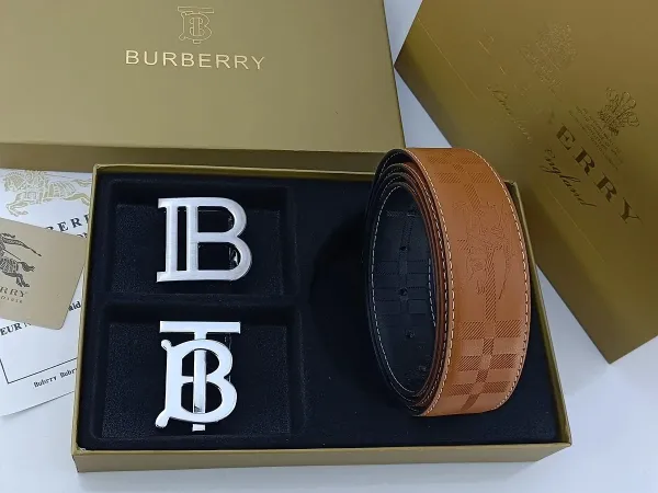 Burberry TB Monogram Leather Belt with Interchangeable Buckles Tan - 21