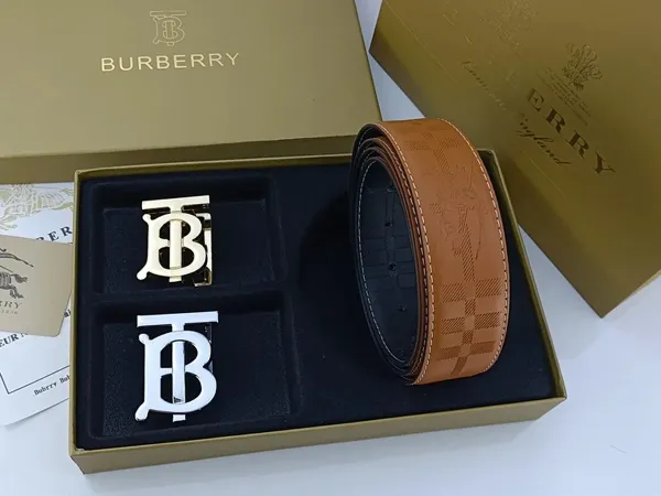 Burberry TB Monogram Leather Belt with Interchangeable Buckles Tan - 26