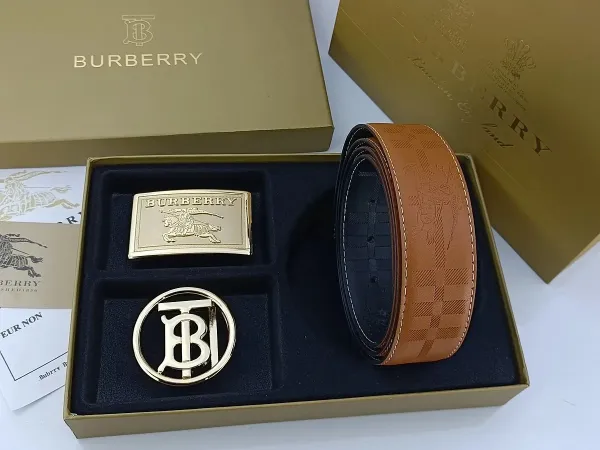 Burberry Classic Check Leather Belt with Interchangeable Buckles Tan Leather Belt - 12