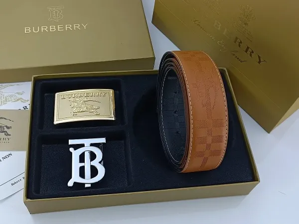 Burberry Classic Check Leather Belt with Interchangeable Buckles Tan Leather Belt - 14