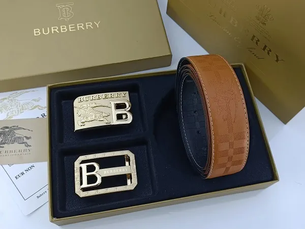 Burberry Classic Check Leather Belt with Interchangeable Buckles Tan Leather Belt - 17