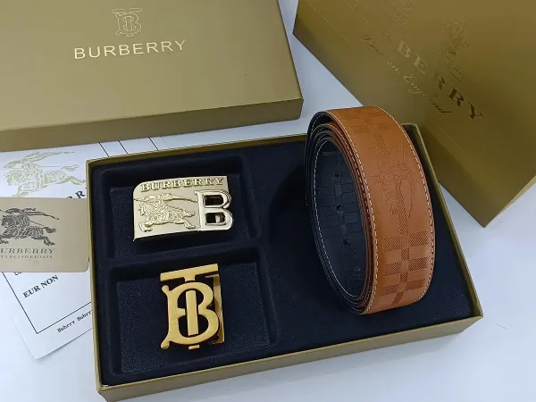 Burberry Classic Check Leather Belt with Interchangeable Buckles Tan Leather Belt - 31