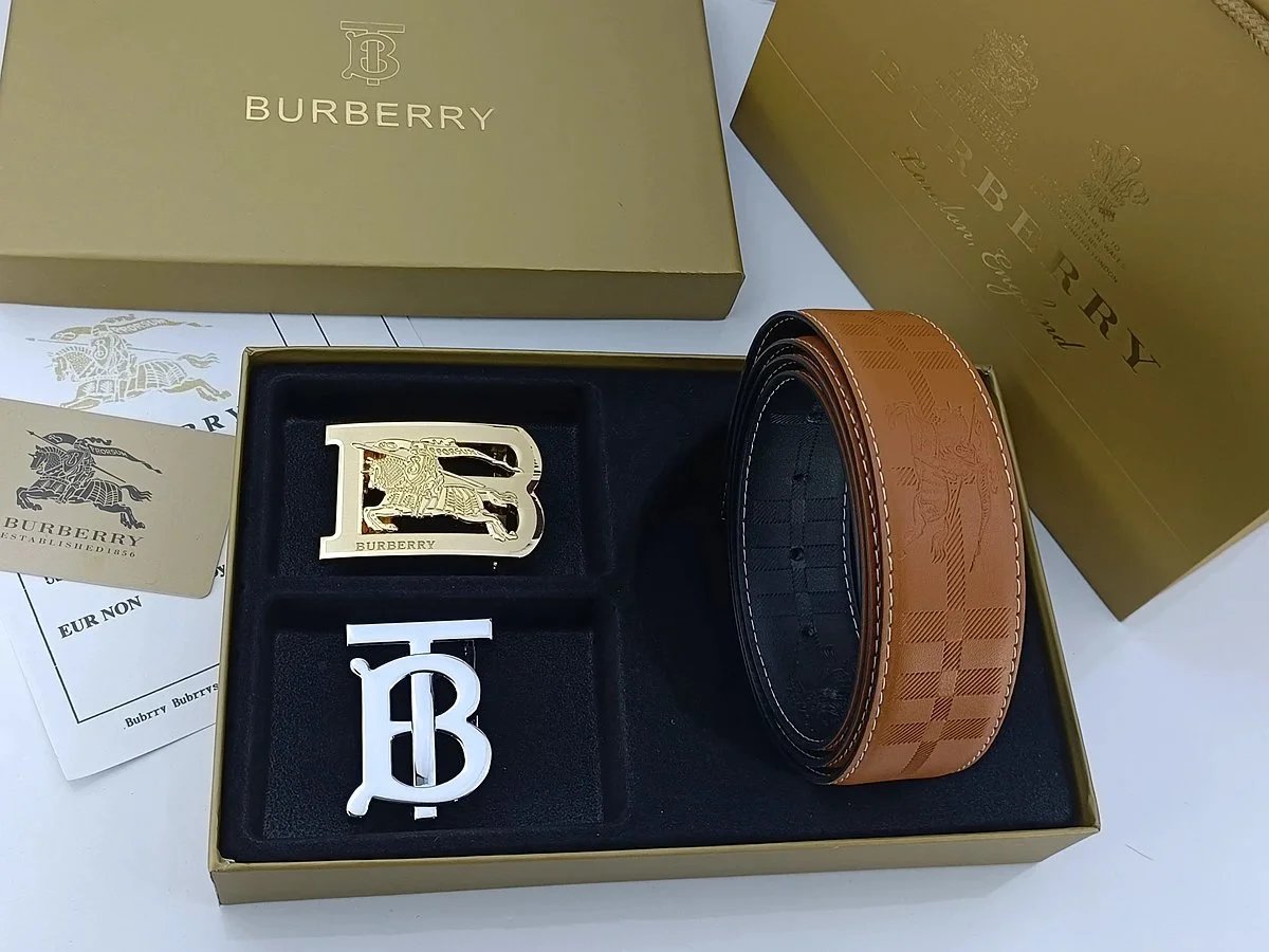 Burberry Horseferry Check Leather Belt with Interchangeable Buckles Tan Belts - 22