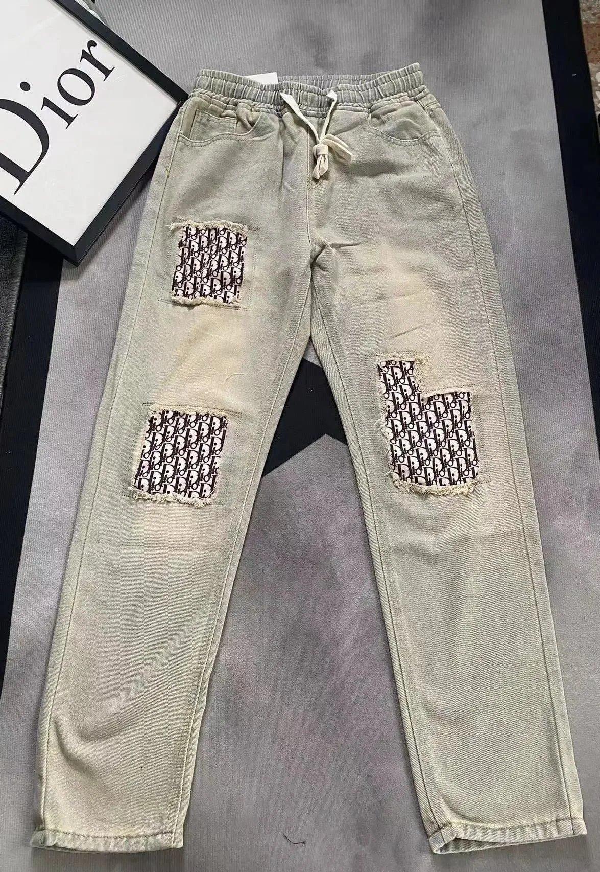 Dior Oblique Print Waistband Slim Fit Light Wash Jeans - 14