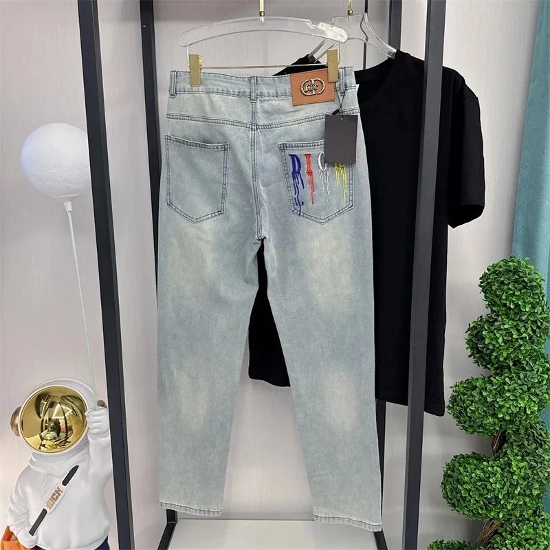 Dior Oblique Print Waistband Slim Fit Light Wash Jeans - 20
