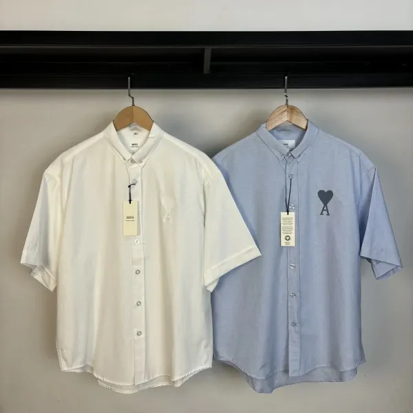 Ami Alexandre Mattiussi Short-Sleeve Stripe Shirt in Charcoal and Sky Blue - 15