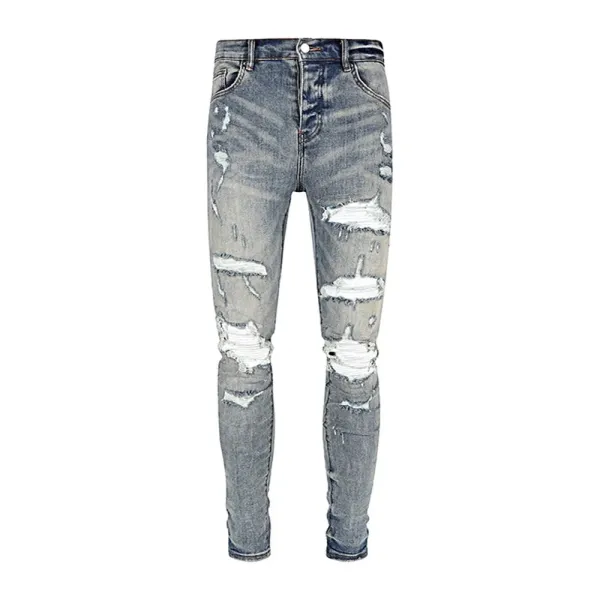Amiri Distressed Logo Print Slim Fit Blue Jeans - 37
