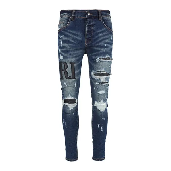 Amiri Distressed Logo Print Slim Fit Blue Jeans - 39