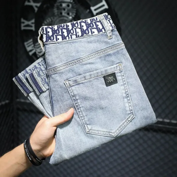 Dior Oblique Print Waistband Slim Fit Light Wash Jeans - 16