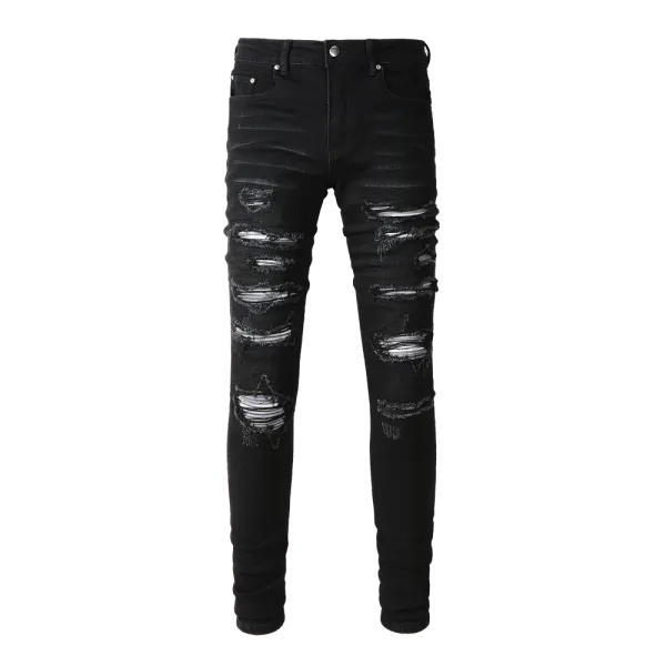 Distressed Printed Patchwork Black Jeans - 31