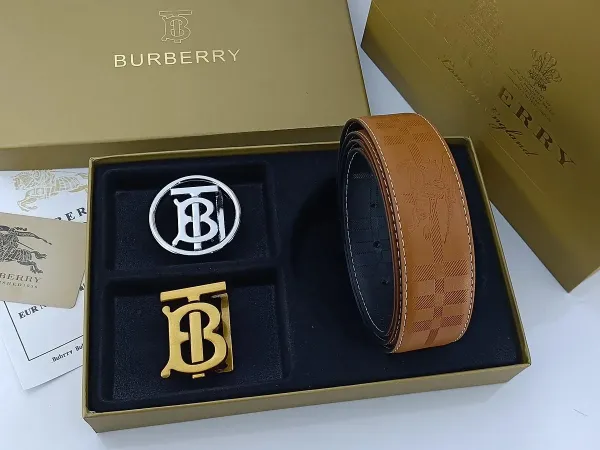 Burberry TB Monogram Leather Belt with Interchangeable Buckles Tan - 6