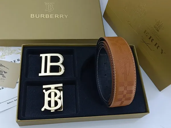 Burberry TB Monogram Leather Belt with Interchangeable Buckles Tan - 23