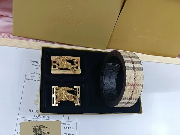 Burberry TB Monogram Leather Belt with Interchangeable Buckles Tan - 31