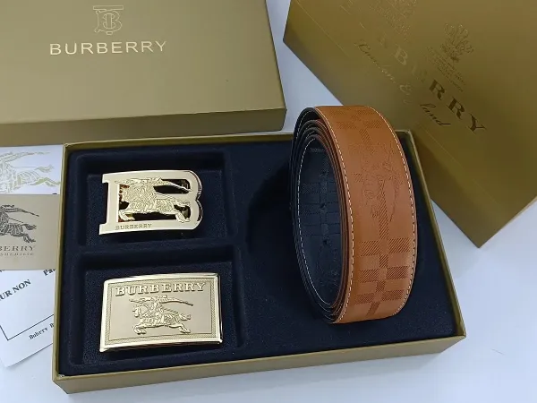 Burberry Classic Check Leather Belt with Interchangeable Buckles Tan Leather Belt - 3