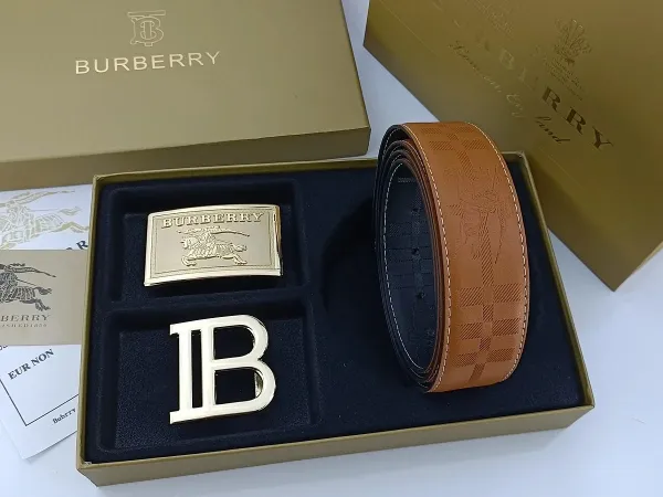 Burberry Classic Check Leather Belt with Interchangeable Buckles Tan Leather Belt - 9