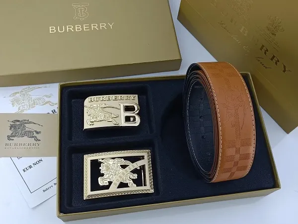Burberry Classic Check Leather Belt with Interchangeable Buckles Tan Leather Belt - 22