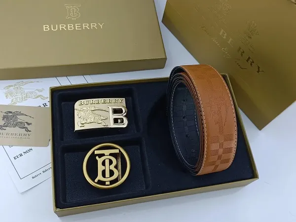 Burberry Classic Check Leather Belt with Interchangeable Buckles Tan Leather Belt - 28