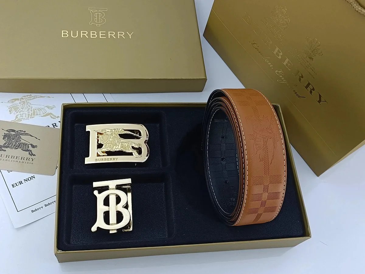 Burberry Horseferry Check Leather Belt with Interchangeable Buckles Tan Belts - 20
