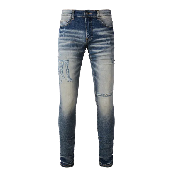 Amiri Distressed Logo Print Slim Fit Blue Jeans - 20