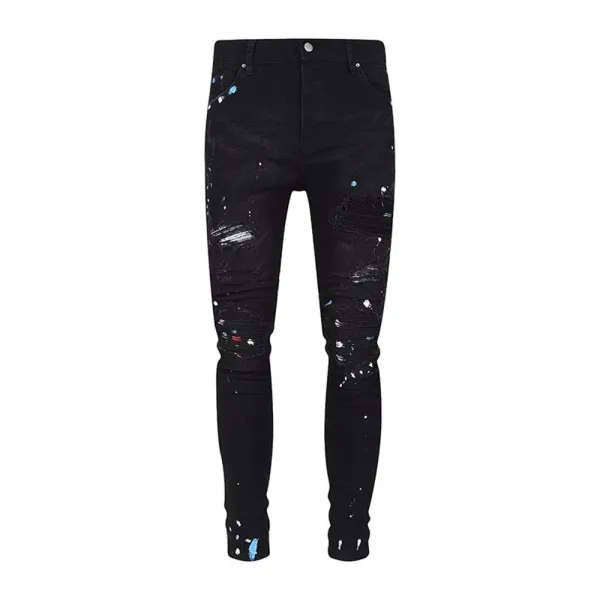 Amiri Distressed Logo Print Slim Fit Blue Jeans - 33