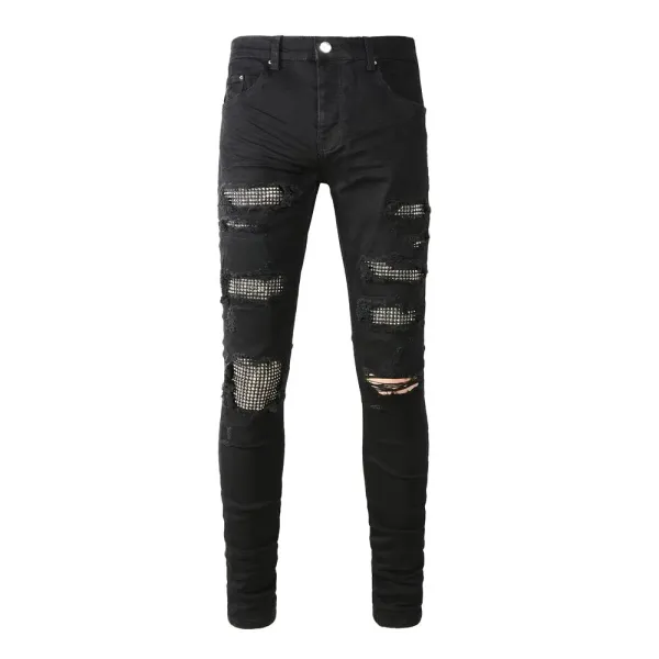 Amiri Distressed Logo Print Slim Fit Blue Jeans - 35