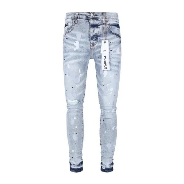 Purple x Unknown Artist Distressed Paint-Splatter Slim Fit Jeans - 19